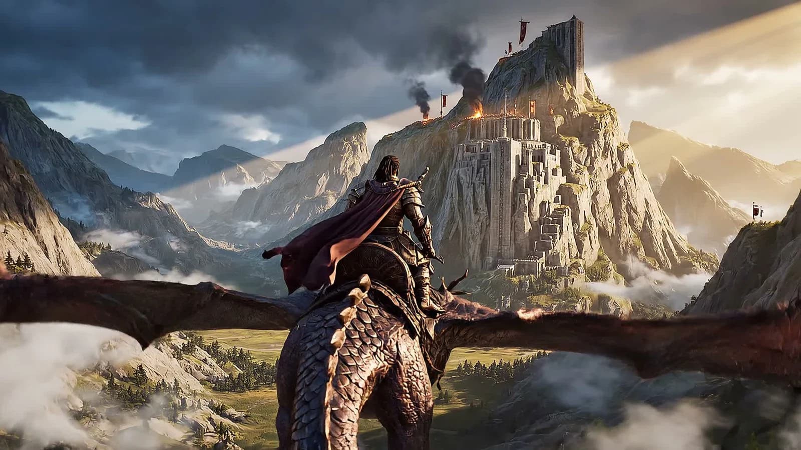 Kael riding the copper dragon Ashwing toward a mountain citadel at dawn.