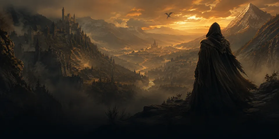 A cloaked adventurer surveys a vast mountain kingdom.