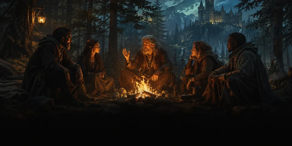 A circle of storytellers sharing an evening around a forest campfire.
