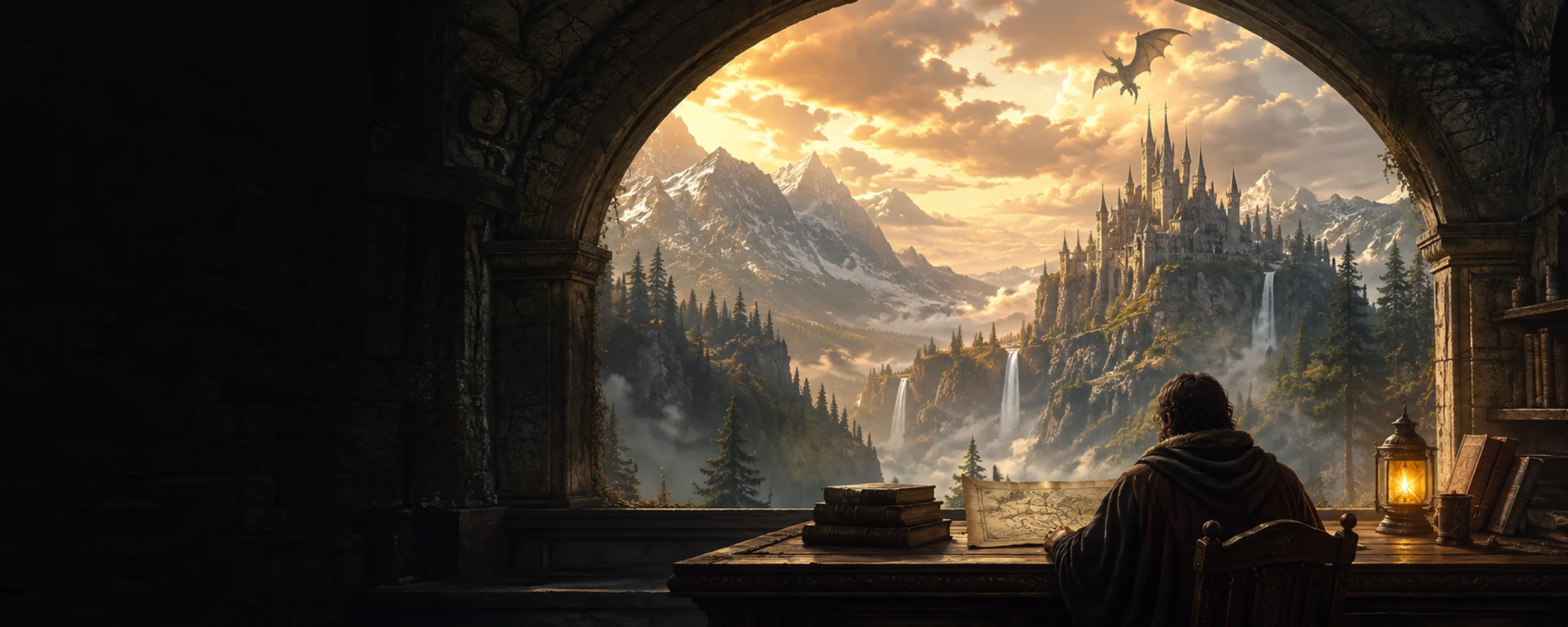 A writer at a lantern-lit desk looks through a stone arch towards mountains, a castle, and a dragon at sunset.