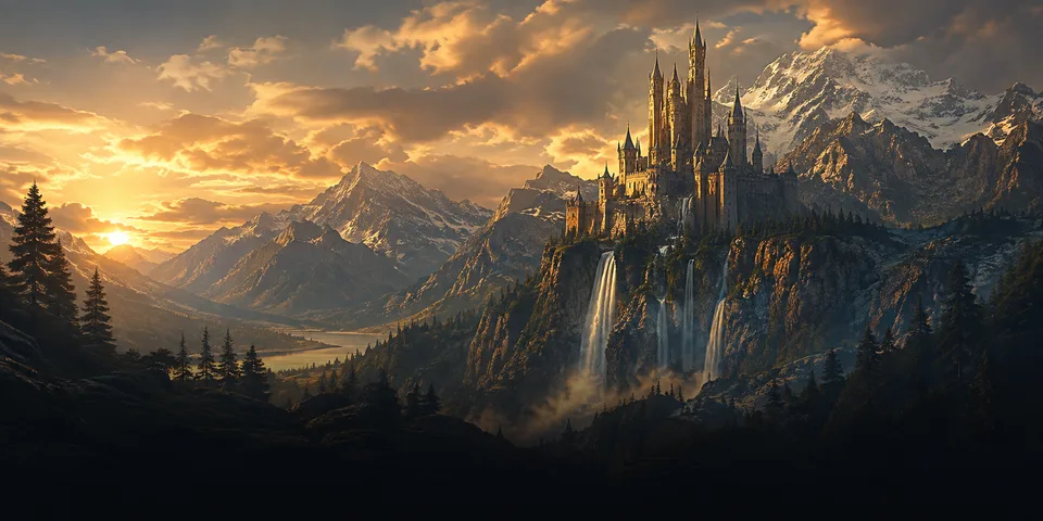 A castle above waterfalls, surrounded by forest and distant mountains.