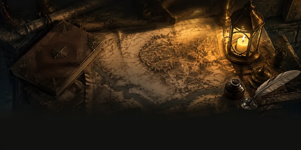 An open map and manuscript on a warm, lantern-lit writing desk.
