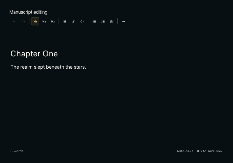 The actual manuscript editor showing Chapter One and fictional sample prose.